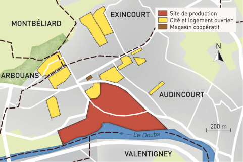 Carte du patrimoine industriel Japy (communes d'Audicnourt, Exincourt et Arbouans). Fonds cartographique IGN, 2014. © Région Bourgogne-Franche-Comté, Inventaire du patrimoine