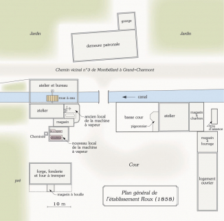 Plan général de l'usine d'horlogerie Roux, dessin. D'après un calque de 1858, échelle 1/100, conservé aux AD Doubs (432 S 6). © Région Bourgogne-Franche-Comté, Inventaire du patrimoine