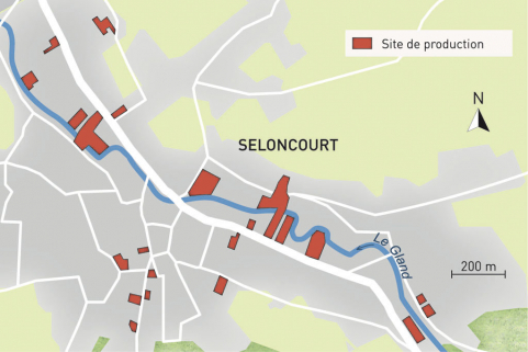 Implantation des sites de production de la commune de Seloncourt. Fonds cartographique IGN, 2014. © Région Bourgogne-Franche-Comté, Inventaire du patrimoine
