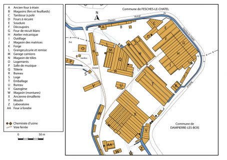 Plan-masse de l'usine en 1939. D'après le plan général de la Casserie, 1939. © Région Bourgogne-Franche-Comté, Inventaire du patrimoine