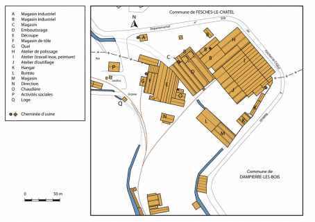 Plan-masse de l'usine en 1977. D'après un extrait du plan cadastral. © Région Bourgogne-Franche-Comté, Inventaire du patrimoine