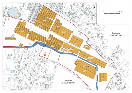 Plan-masse et de datation. D'après un plan interne de la société Faurecia, 2011. © Région Bourgogne-Franche-Comté, Inventaire du patrimoine Plan-masse et de datation. D'après un plan interne de la société Faurecia, 2011. © Région Bourgogne-Franche-Comté, Inventaire du patrimoine