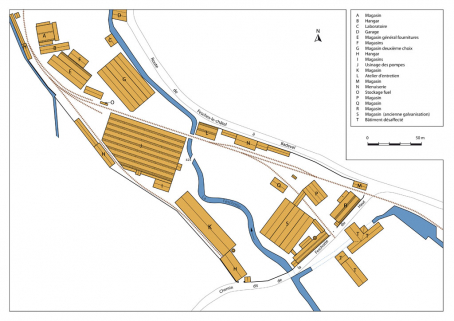 Plan-masse de l'usine en 1977. D'après un extrait du plan cadastral. © Région Bourgogne-Franche-Comté, Inventaire du patrimoine