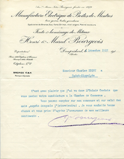 Papier à en-tête de la Manufacture électrique de Boîtes de Montres Henri et Marcel Bourgeois, 4 décembre 1912. © Région Bourgogne-Franche-Comté, Inventaire du patrimoine