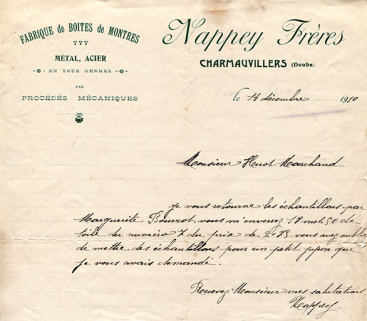 Papier à en-tête de la Fabrique de Boîtes de Montres Nappey Frères, 14 décembre 1910. © Région Bourgogne-Franche-Comté, Inventaire du patrimoine Papier à en-tête de la Fabrique de Boîtes de Montres Nappey Frères, 14 décembre 1910. © Région Bourgogne-Franche-Comté, Inventaire du patrimoine