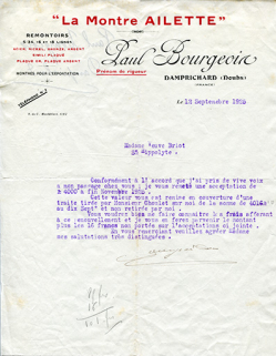 Papier à en-tête " La Montre Ailette " Paul Bourgeois, 12 septembre 1925. © Région Bourgogne-Franche-Comté, Inventaire du patrimoine