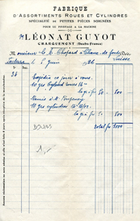 Papier à en-tête de la fabrique d'assortiments roues et cylindres Veuve Léonat Guyot (3-3 bis rue du Général Leclerc), 5 juin 1926. © Région Bourgogne-Franche-Comté, Inventaire du patrimoine Papier à en-tête de la fabrique d'assortiments roues et cylindres Veuve Léonat Guyot (3-3 bis rue du Général Leclerc), 5 juin 1926. © Région Bourgogne-Franche-Comté, Inventaire du patrimoine