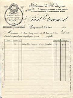 Papier à en-tête de la Fabrique d'horlogerie Paul Etevenard, 2 août 1923. © Région Bourgogne-Franche-Comté, Inventaire du patrimoine Papier à en-tête de la Fabrique d'horlogerie Paul Etevenard, 2 août 1923. © Région Bourgogne-Franche-Comté, Inventaire du patrimoine