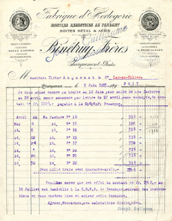 Papier à en-tête de la fabrique d'horlogerie Binétruy Frères, décennie 1890. Surchargé par la mention Joseph Guillaume successeur et utilisé le 8 juin 1923. © Région Bourgogne-Franche-Comté, Inventaire du patrimoine