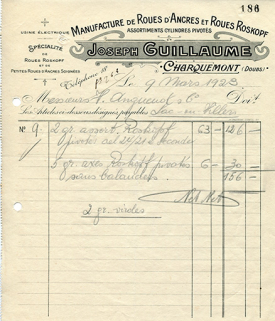 Papier à en-tête de la manufacture de roues d'ancre et roues Roskopf Joseph Guillaume (13-15 Grande Rue), 9 mars 1923. © Région Bourgogne-Franche-Comté, Inventaire du patrimoine Papier à en-tête de la manufacture de roues d'ancre et roues Roskopf Joseph Guillaume (13-15 Grande Rue), 9 mars 1923. © Région Bourgogne-Franche-Comté, Inventaire du patrimoine
