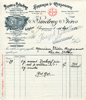 Papier à en-tête de la fabrique d'horlogerie Binétruy Frères, limite 19e siècle 20e siècle. Surchargé par la mention Joseph Guillaume successeur et utilisé le 11 septembre 1923. © Région Bourgogne-Franche-Comté, Inventaire du patrimoine Papier à en-tête de la fabrique d'horlogerie Binétruy Frères, limite 19e siècle 20e siècle. Surchargé par la mention Joseph Guillaume successeur et utilisé le 11 septembre 1923. © Région Bourgogne-Franche-Comté, Inventaire du patrimoine