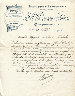 Papier à en-tête de la fabrique d'horlogerie A. Domon Frères, 21 août 1911. © Région Bourgogne-Franche-Comté, Inventaire du patrimoine