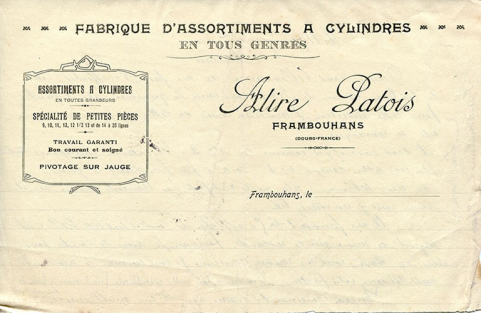 Papier à en-tête de la fabrique d'assortiments à cylindres Alire Patois, 28 janvier 1921. © Région Bourgogne-Franche-Comté, Inventaire du patrimoine Papier à en-tête de la fabrique d'assortiments à cylindres Alire Patois, 28 janvier 1921. © Région Bourgogne-Franche-Comté, Inventaire du patrimoine