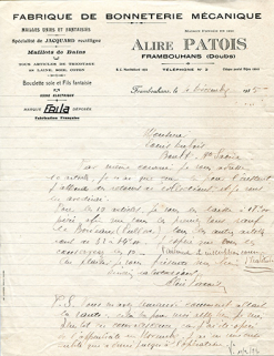 Papier à en-tête de la fabrique de bonneterie mécanique Alire Patois, 4 décembre 1935. © Région Bourgogne-Franche-Comté, Inventaire du patrimoine Papier à en-tête de la fabrique de bonneterie mécanique Alire Patois, 4 décembre 1935. © Région Bourgogne-Franche-Comté, Inventaire du patrimoine