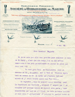 Papier à en-tête de la Société d'Horlogerie de Maîche [façade antérieure de l'usine Rotschi, dotée de deux étages carrés], 4 mai 1932. © Région Bourgogne-Franche-Comté, Inventaire du patrimoine