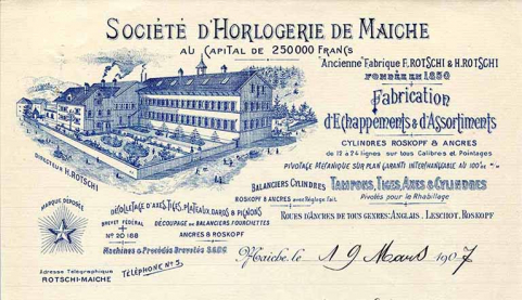 Papier à en-tête de la Société d'Horlogerie de Maîche [détail : façade antérieure de l'usine Rotschi, dotée d'un seul étage carré], 19 mars 1907. © Région Bourgogne-Franche-Comté, Inventaire du patrimoine