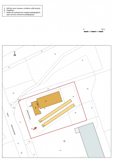 Plan-masse et de situation. Extrait du plan cadastral numérisé, section ZD, échelle 1:1000. © Région Bourgogne-Franche-Comté, Inventaire du patrimoine