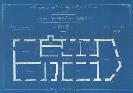 Fédération des Associations agricoles du Doubs. Bâtiment d'administration et d'habitation. Projet. Plan du sous-sol, 18 août 1913. © Bibliothèque municipale, Besançon Fédération des Associations agricoles du Doubs. Bâtiment d'administration et d'habitation. Projet. Plan du sous-sol, 18 août 1913. © Bibliothèque municipale, Besançon