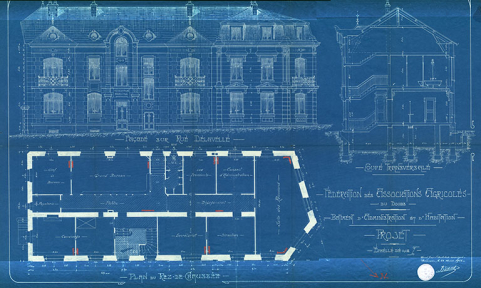 Fédération des Associations agricoles du Doubs. Bâtiment d'administration et d'habitation. Projet. Plan du rez-de-chaussée, Coupe transversale [et] Façade sur rue Delavelle, 22 août 1913. © Bibliothèque municipale, Besançon