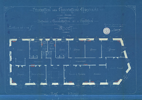 Fédération des Associations agricoles du Doubs. Bâtiment d'administration et d'habitation. Projet. Plan du 1er étage, 18 août 1913. © Bibliothèque municipale, Besançon Fédération des Associations agricoles du Doubs. Bâtiment d'administration et d'habitation. Projet. Plan du 1er étage, 18 août 1913. © Bibliothèque municipale, Besançon