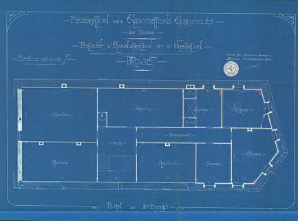 Fédération des Associations agricoles du Doubs. Bâtiment d'administration et d'habitation. Projet. Plan du 2e étage, 18 septembre 1913. © Bibliothèque municipale, Besançon Fédération des Associations agricoles du Doubs. Bâtiment d'administration et d'habitation. Projet. Plan du 2e étage, 18 septembre 1913. © Bibliothèque municipale, Besançon