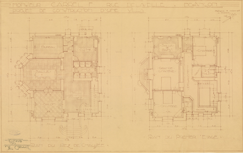 Monsieur Carrel F., rue Delavelle à Besançon. Projet de construction d'une villa. Plan du rez-de-chaussée [et] Plan du premier étage, 16 octobre 1928. © Bibliothèque municipale, Besançon