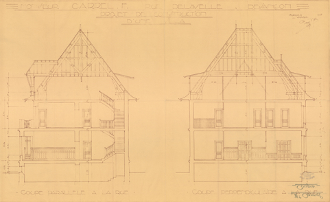 Monsieur Carrel F., rue Delavelle à Besançon. Projet de construction d'une villa. Coupe parallèle à la rue [et] Coupe perpendiculaire à la rue, 1928. © Bibliothèque municipale, Besançon