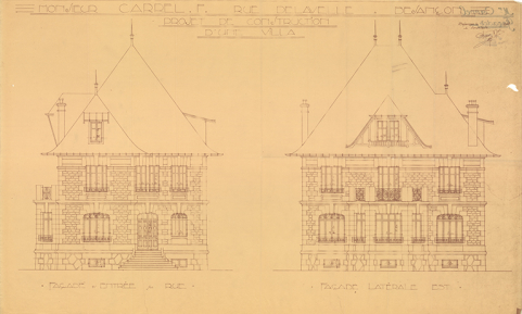 Monsieur Carrel F., rue Delavelle à Besançon. Projet de construction d'une villa. Façade d'entrée sur rue [et] Façade latérale est, 1928. © Bibliothèque municipale, Besançon