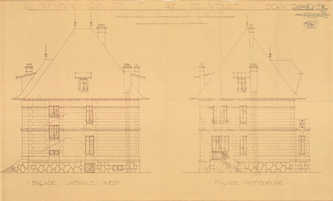 Monsieur Carrel F., rue Delavelle à Besançon. Projet de construction d'une villa. Façade latérale ouest [et] Façade postérieure, 1928. © Bibliothèque municipale, Besançon