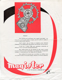 Document publicitaire de la société Magister pour sa raquette piton-mobile, 1957. © Région Bourgogne-Franche-Comté, Inventaire du patrimoine Document publicitaire de la société Magister pour sa raquette piton-mobile, 1957. © Région Bourgogne-Franche-Comté, Inventaire du patrimoine