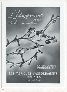 L'échappement, coeur de la montre [publicité pour l'échappement à ancre des Fabriques d'Assortiments réunies, du Locle (Suisse)], 1949. © Région Bourgogne-Franche-Comté, Inventaire du patrimoine