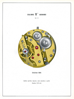 Calibre 11''' agrandi. Ref. 111. Création 1904. Calibre cylindre, bascule, sans seconde, à ponts. Hauteur 4,75 mm, 1949. © Région Bourgogne-Franche-Comté, Inventaire du patrimoine Calibre 11''' agrandi. Ref. 111. Création 1904. Calibre cylindre, bascule, sans seconde, à ponts. Hauteur 4,75 mm, 1949. © Région Bourgogne-Franche-Comté, Inventaire du patrimoine