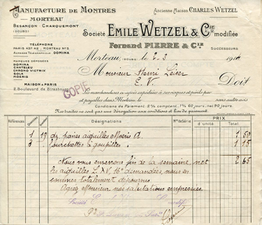 Papier à en-tête de la société Emile Wetzel et Cie modifiée, Fernand Pierre et Cie successeurs, 2 mars 1914. © Région Bourgogne-Franche-Comté, Inventaire du patrimoine