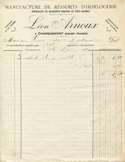 Papier à en-tête de la Manufacture de ressorts d'horlogerie Léon Arnoux, à Charquemont, 16 mai 1914. © Région Bourgogne-Franche-Comté, Inventaire du patrimoine Papier à en-tête de la Manufacture de ressorts d'horlogerie Léon Arnoux, à Charquemont, 16 mai 1914. © Région Bourgogne-Franche-Comté, Inventaire du patrimoine