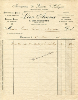 Papier à en-tête de la Manufacture de ressorts d'horlogerie Léon Arnoux, à Charquemont, 17 juin 1915. © Région Bourgogne-Franche-Comté, Inventaire du patrimoine Papier à en-tête de la Manufacture de ressorts d'horlogerie Léon Arnoux, à Charquemont, 17 juin 1915. © Région Bourgogne-Franche-Comté, Inventaire du patrimoine