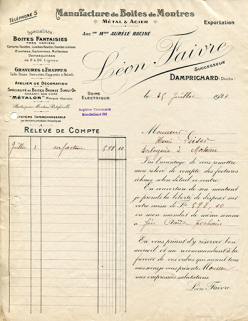 Papier à en-tête de la Manufacture de Boîtes de Montres Aurèle Racine, Léon Faivre successeur, 25 juillet 1924. © Région Bourgogne-Franche-Comté, Inventaire du patrimoine