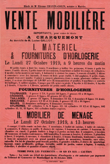 Affiche annonçant la vente du matériel et du mobilier de Lucien Galliot à Charquemont le lundi 27 octobre 1919. © Région Bourgogne-Franche-Comté, Inventaire du patrimoine