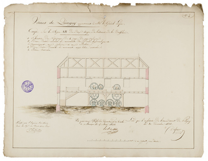 Usines de Quingey [...]. Coupe sur la ligne AB des deux étages du bâtiment de la tréfilerie [...], 1822. © Région Bourgogne-Franche-Comté, Inventaire du patrimoine