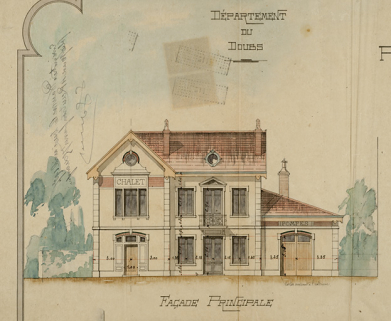Projet de construction d'un chalet-modèle. Façade principale, 1906. © Région Bourgogne-Franche-Comté, Inventaire du patrimoine