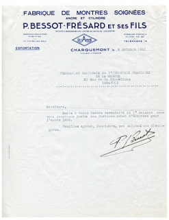 Papier à en-tête de la fabrique de montres P. Bessot-Frésard et ses Fils, 9 octobre 1951. © Région Bourgogne-Franche-Comté, Inventaire du patrimoine