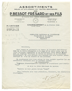 Papier à en-tête de la fabrique d’assortiments roues et cylindres P. Bessot-Frésard et ses Fils, 23 février 1948. © Région Bourgogne-Franche-Comté, Inventaire du patrimoine