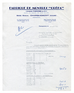 Papier à en-tête de la fabrique de montres « Oréfa » (André Fierobe et Cie), 25 mars 1953. © Région Bourgogne-Franche-Comté, Inventaire du patrimoine