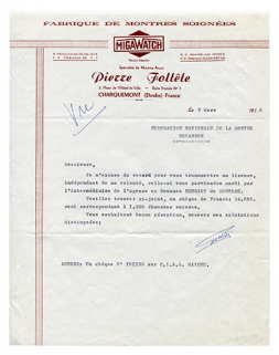 Papier à en-tête de la fabrique de montres de Pierre Foltête (Migawatch), 3 mars 1956. © Région Bourgogne-Franche-Comté, Inventaire du patrimoine