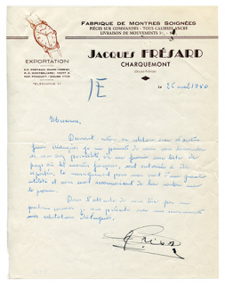 Papier à en-tête de la fabrique de montres Jacques Frésard, 25 avril 1950. © Région Bourgogne-Franche-Comté, Inventaire du patrimoine Papier à en-tête de la fabrique de montres Jacques Frésard, 25 avril 1950. © Région Bourgogne-Franche-Comté, Inventaire du patrimoine