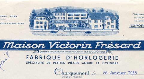 Papier à en-tête de la fabrique d’horlogerie Victorin Frésard : détail des bâtiments, 28 janvier 1955. © Région Bourgogne-Franche-Comté, Inventaire du patrimoine Papier à en-tête de la fabrique d’horlogerie Victorin Frésard : détail des bâtiments, 28 janvier 1955. © Région Bourgogne-Franche-Comté, Inventaire du patrimoine