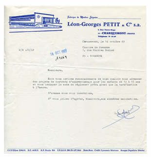 Papier à en-tête de la fabrique de montres Léon-Georges Petit et Cie (7-9 rue Victor Hugo), 14 octobre 1969. © Région Bourgogne-Franche-Comté, Inventaire du patrimoine Papier à en-tête de la fabrique de montres Léon-Georges Petit et Cie (7-9 rue Victor Hugo), 14 octobre 1969. © Région Bourgogne-Franche-Comté, Inventaire du patrimoine