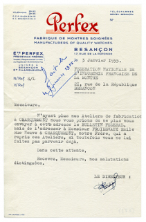Papier à en-tête de la fabrique de montres Perfex, 3 janvier 1955. © Région Bourgogne-Franche-Comté, Inventaire du patrimoine