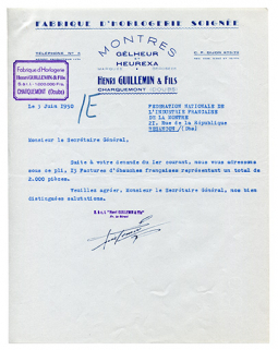 Papier à en-tête de la fabrique d’horlogerie Henri Guillemin et Fils (Gélheur et Heurexa), 3 juin 1950. © Région Bourgogne-Franche-Comté, Inventaire du patrimoine Papier à en-tête de la fabrique d’horlogerie Henri Guillemin et Fils (Gélheur et Heurexa), 3 juin 1950. © Région Bourgogne-Franche-Comté, Inventaire du patrimoine