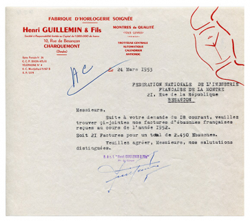 Papier à en-tête de la fabrique d’horlogerie Henri Guillemin et Fils, 24 mars 1953. © Région Bourgogne-Franche-Comté, Inventaire du patrimoine Papier à en-tête de la fabrique d’horlogerie Henri Guillemin et Fils, 24 mars 1953. © Région Bourgogne-Franche-Comté, Inventaire du patrimoine