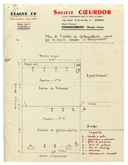 Plan de l'atelier de galvanoplastie ouvert par la société Coeurdor à Charquemont, 3 mai 1950. Dessiné sur un papier à en-tête. © Région Bourgogne-Franche-Comté, Inventaire du patrimoine Plan de l'atelier de galvanoplastie ouvert par la société Coeurdor à Charquemont, 3 mai 1950. Dessiné sur un papier à en-tête. © Région Bourgogne-Franche-Comté, Inventaire du patrimoine